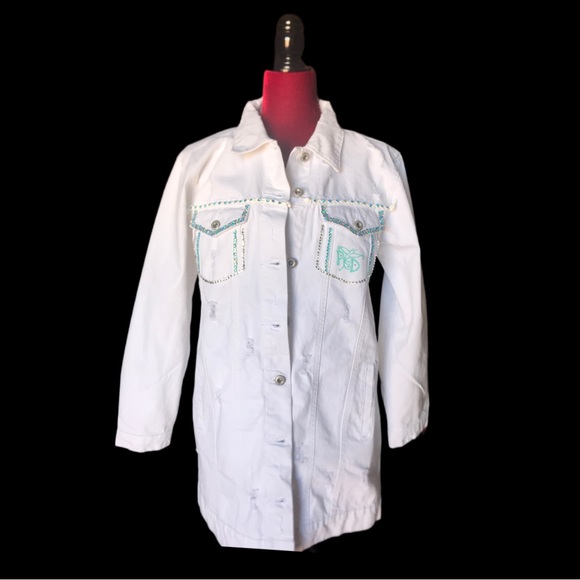 Giraffe Bling Oversized Distressed White Denim Midi Jacket - Picture 2 of 13